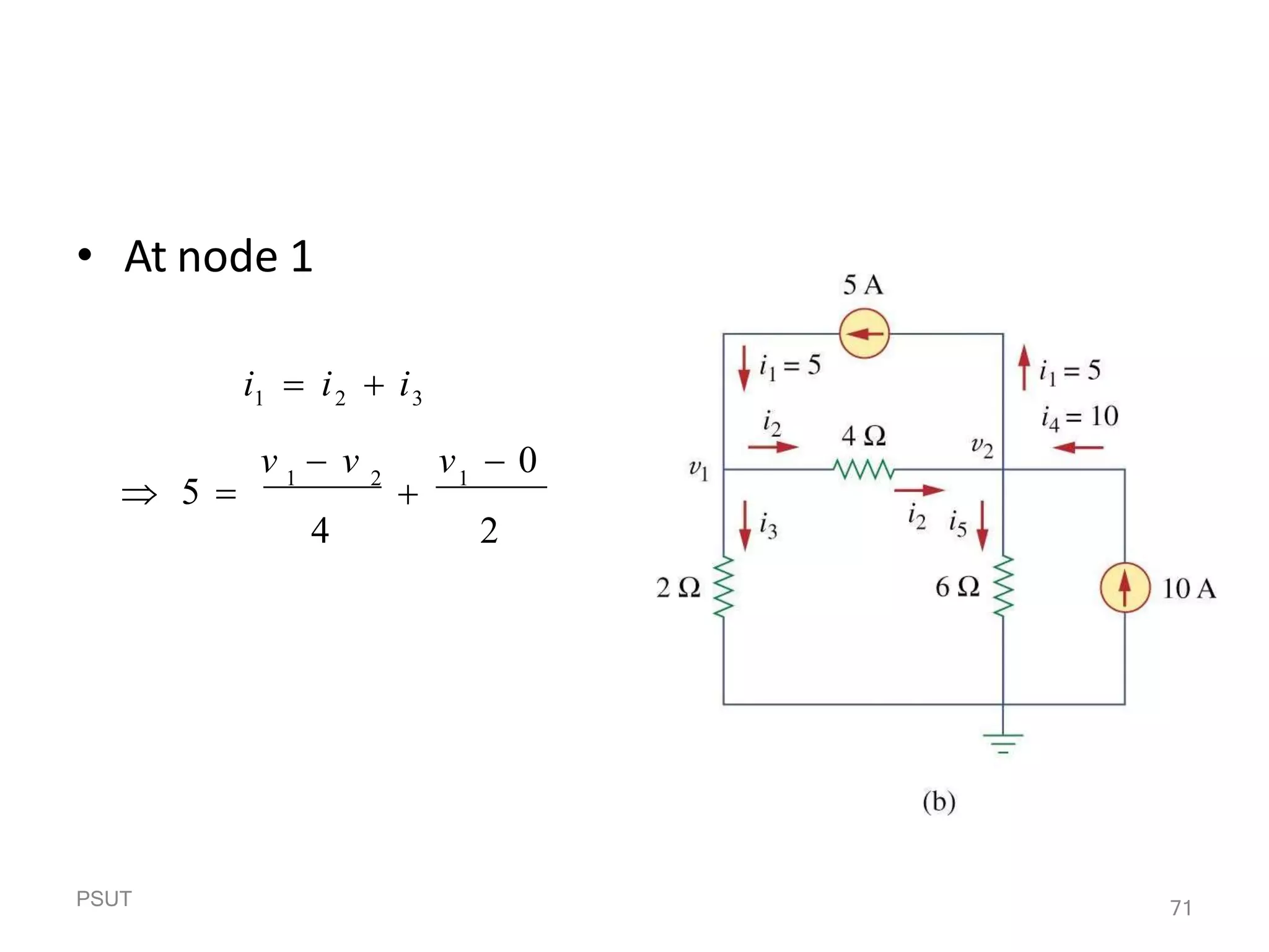 • At node 1
1
2
PSUT 71
1 2
4
 5 
i1  i2  i3

v  v v  0
 