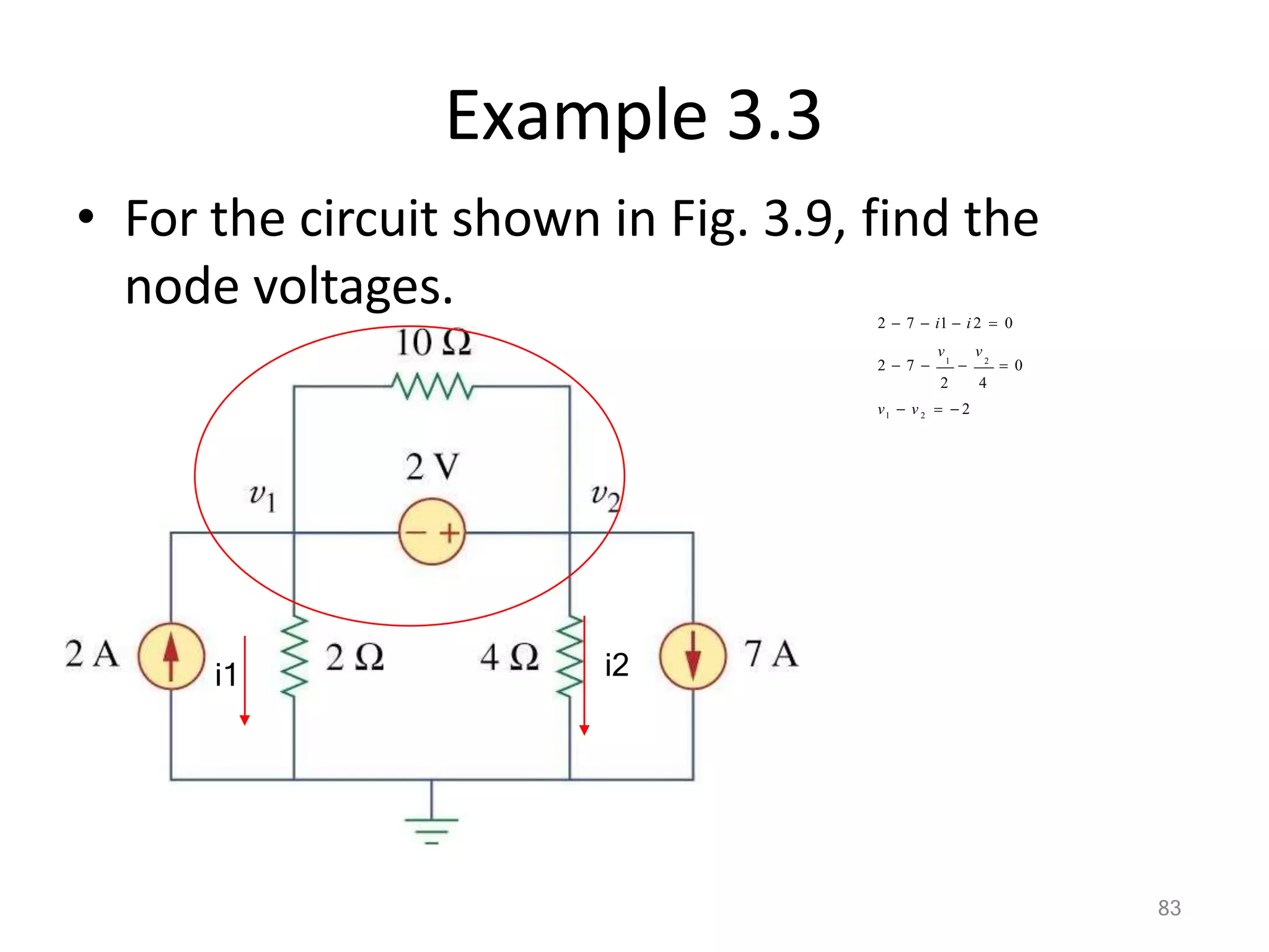 Example 3.3
• For the circuit shown in Fig. 3.9, find the
node voltages. 2  7  i1  i 2  0
v v
2  7  1
 2
 0
2 4
v1  v 2   2
i1 i2
83
 