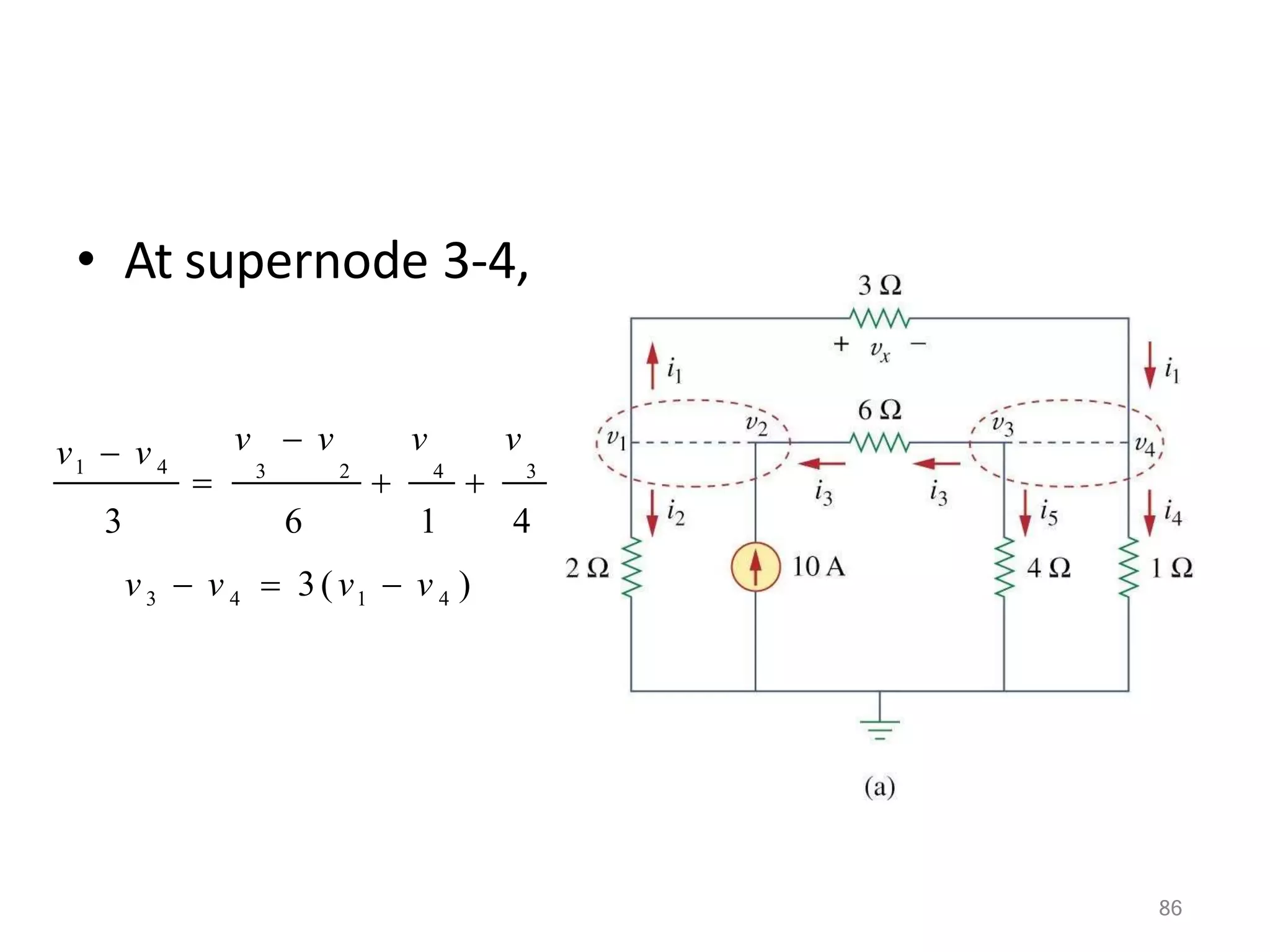• At supernode 3-4,
3
86
6 1 4
v3  v 4  3(v1  v 4 )
v  v v v
 3 2
 4
 3
v1  v 4
 