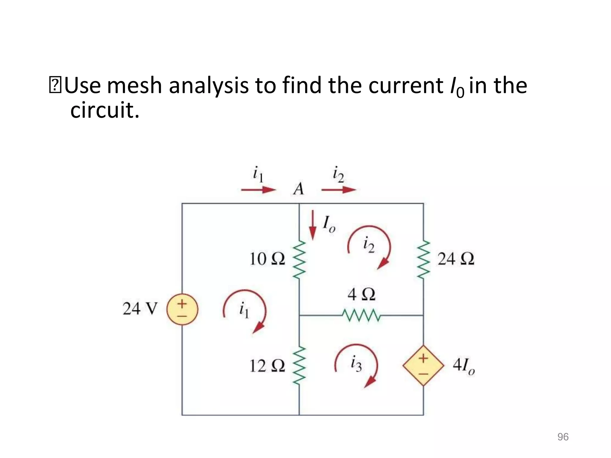 🞭Use mesh analysis to find the current I0 in the
circuit.
96
 