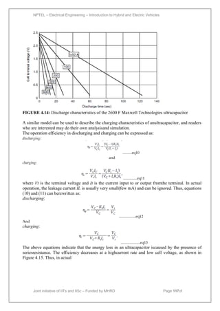 NPTEL – Electrical Engineering – Introduction to Hybrid and Electric Vehicles
Joint initiative of IITs and IISc – Funded by MHRD Page 117of
43
FIGURE 4.14: Discharge characteristics of the 2600 F Maxwell Technologies ultracapacitor
A similar model can be used to describe the charging characteristics of anultracapacitor, and readers
who are interested may do their own analysisand simulation.
The operation efficiency in discharging and charging can be expressed as:
discharging:
..........eq10
and
charging:
...............eq11
where Vt is the terminal voltage and It is the current input to or output fromthe terminal. In actual
operation, the leakage current IL is usually very small(few mA) and can be ignored. Thus, equations
(10) and (11) can berewritten as:
discharging:
..................eq12
And
charging:
.....................eq13
The above equations indicate that the energy loss in an ultracapacitor iscaused by the presence of
seriesresistance. The efficiency decreases at a highcurrent rate and low cell voltage, as shown in
Figure 4.15. Thus, in actual
 