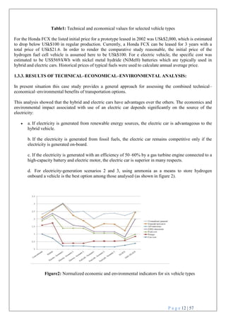 P a g e 12 | 57
Table1: Technical and economical values for selected vehicle types
For the Honda FCX the listed initial price for a prototype leased in 2002 was USk$2,000, which is estimated
to drop below USk$100 in regular production. Currently, a Honda FCX can be leased for 3 years with a
total price of USk$21.6. In order to render the comparative study reasonable, the initial price of the
hydrogen fuel cell vehicle is assumed here to be USk$100. For e electric vehicle, the specific cost was
estimated to be US$569/kWh with nickel metal hydride (NiMeH) batteries which are typically used in
hybrid and electric cars. Historical prices of typical fuels were used to calculate annual average price.
1.3.3. RESULTS OF TECHNICAL–ECONOMICAL–ENVIRONMENTAL ANALYSIS:
In present situation this case study provides a general approach for assessing the combined technical–
economical–environmental benefits of transportation options.
This analysis showed that the hybrid and electric cars have advantages over the others. The economics and
environmental impact associated with use of an electric car depends significantly on the source of the
electricity:
 a. If electricity is generated from renewable energy sources, the electric car is advantageous to the
hybrid vehicle.
b. If the electricity is generated from fossil fuels, the electric car remains competitive only if the
electricity is generated on-board.
c. If the electricity is generated with an efficiency of 50–60% by a gas turbine engine connected to a
high-capacity battery and electric motor, the electric car is superior in many respects.
d. For electricity-generation scenarios 2 and 3, using ammonia as a means to store hydrogen
onboard a vehicle is the best option among those analysed (as shown in figure 2).
Figure2: Normalized economic and environmental indicators for six vehicle types
 