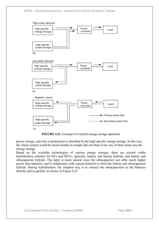 NPTEL – Electrical Engineering – Introduction to Hybrid and Electric Vehicles
Joint initiative of IITs and IISc – Funded by MHRD Page 125of
43
FIGURE 4.21. Concept of a hybrid energy storage operation
power storage, and only a limited part is absorbed by the high specific energy storage. In this way,
the whole system would be much smaller in weight and size than if any one of them alone was the
energy storage.
Based on the available technologies of various energy storages, there are several viable
hybridization schemes for EVs and HEVs, typically, battery and battery hybrids, and battery and
ultracapacitor hybrids. The latter is more natural since the ultracapacitor can offer much higher
power than batteries, and it collaborates with various batteries to form the battery and ultracapacitor
hybrids. During hybridization, the simplest way is to connect the ultracapacitors to the batteries
directly and in parallel, as shown in Figure 4.22
 