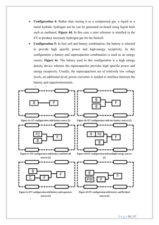 P a g e 50 | 57
 Configuration 4: Rather than storing it as a compressed gas, a liquid or a
metal hydride, hydrogen can be can be generated on-board using liquid fuels
such as methanol, Figure 4d. In this case a mini reformer is installed in the
EV to produce necessary hydrogen gas for the fuelcell.
 Configuration 5: In fuel cell and battery combination, the battery is selected
to provide high specific power and high-energy receptivity. In this
configuration a battery and supercapacitor combination is used as an energy
source, Figure 4e. The battery used in this configuration is a high energy
density device whereas the supercapacitor provides high specific power and
energy receptivity. Usually, the supercapacitors are of relatively low voltage
levels, an additional dc-dc power converter is needed to interface between the
battery and capacitorterminals.
 