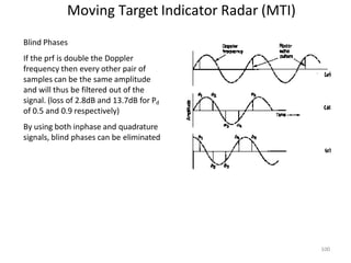 Moving Target Indicator Radar (MTI)
Blind Phases
If the prf is double the Doppler
frequency then every other pair of
samples can be the same amplitude
and will thus be filtered out of the
signal. (loss of 2.8dB and 13.7dB for Pd
of 0.5 and 0.9 respectively)
By using both inphase and quadrature
signals, blind phases can be eliminated
100
 