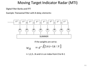 w w w w w w w w
z-1 z-1 z-1 z-1
z-1 z-1 z-1 z-1
SUMMER
Moving Target Indicator Radar (MTI)
Digital Filter Banks and FFT
Example: Transversal Filter with 8 delay elements:
If the weights are set to:
wik  e j2 (i1)k / N 
i= 1,2,3…N and k is an index from 0 to N-1
101
 