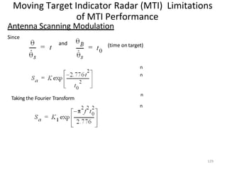 Moving Target Indicator Radar (MTI) Limitations
of MTI Performance
n
n
n
n
Antenna Scanning Modulation
Since
and (time on target)
Taking the Fourier Transform
129
 