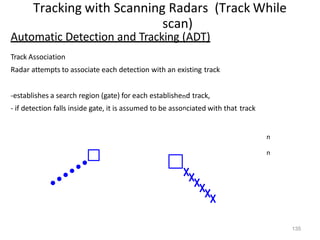 Tracking with Scanning Radars (Track While
scan)
Automatic Detection and Tracking (ADT)
Track Association
Radar attempts to associate each detection with an existing track
-establishes a search region (gate) for each establishend track,
- if detection falls inside gate, it is assumed to be assonciated with that track
n
n
135
 