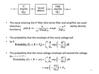 geably) is assumed to be guassian, with prob
iven by
• The noise entering the IF filter (the terms filter and amplifier are used
interchan ability-density
function g
• The probability that the envelope of the noise voltagewill
• lie between the values of V1 and V2is
• The probability that the noise voltage envelope will exceed the voltage
threshold VTis
20
 