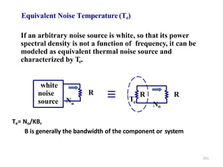 Te= No/KB,
B is generally the bandwidth of the component or system
R
No
white
noise
source
R
R
Te
No
Equivalent Noise Temperature (Te)
211
If an arbitrary noise source is white, so that its power
spectral density is not a function of frequency, it can be
modeled as equivalent thermal noise source and
characterized by Te.
 