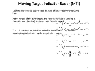 Moving Target Indicator Radar (MTI)
n
n
n
n
Looking a successive oscilloscope displays of radar receiver output we
see:
At the ranges of the two targets, the return ampliude is varying as
the radar samples the (relatively) slow Doppler signal.
The bottom trace shows what would be seen in real time with the
moving targets indicated by the amplitude changes
67
 