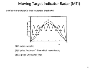Moving Target Indicator Radar (MTI)
n
n
n
n
Some other transversal filter responses are shown:
(1) 3 pulse canceler
(2) 5 pulse “optimum” filter which maximizes IC
(3) 15 pulse Chebyshev filter
86
 