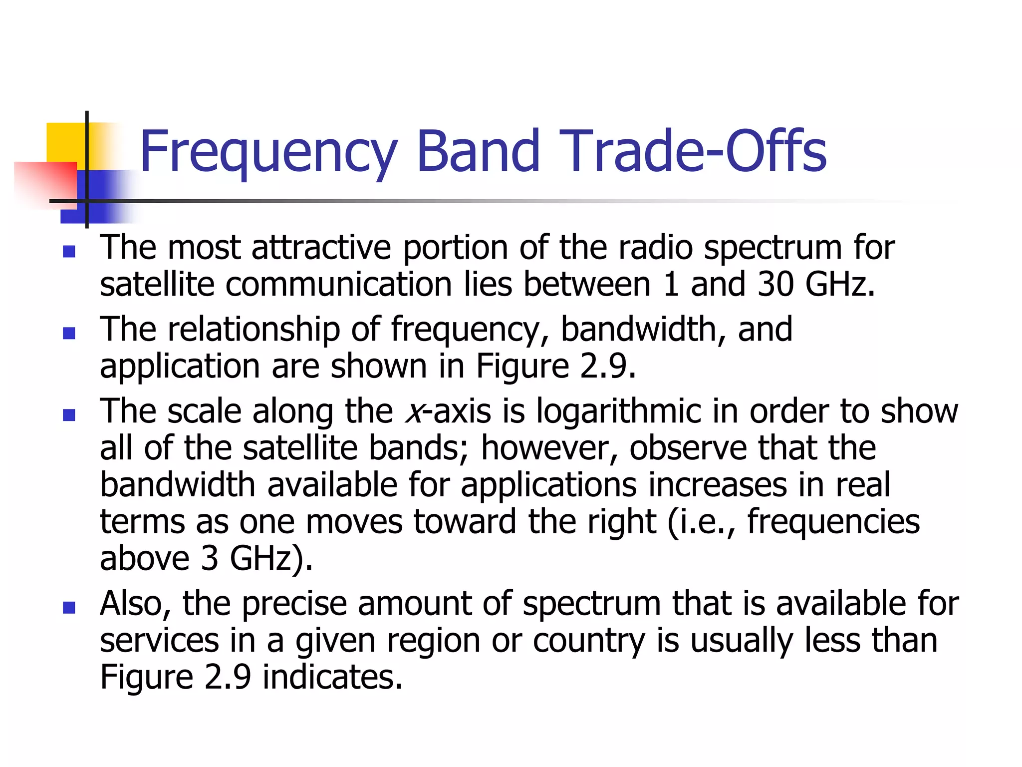 Frequency Band Trade-Offs
 The most attractive portion of the radio spectrum for
satellite communication lies between 1 and 30 GHz.
 The relationship of frequency, bandwidth, and
application are shown in Figure 2.9.
 The scale along the x-axis is logarithmic in order to show
all of the satellite bands; however, observe that the
bandwidth available for applications increases in real
terms as one moves toward the right (i.e., frequencies
above 3 GHz).
 Also, the precise amount of spectrum that is available for
services in a given region or country is usually less than
Figure 2.9 indicates.
 