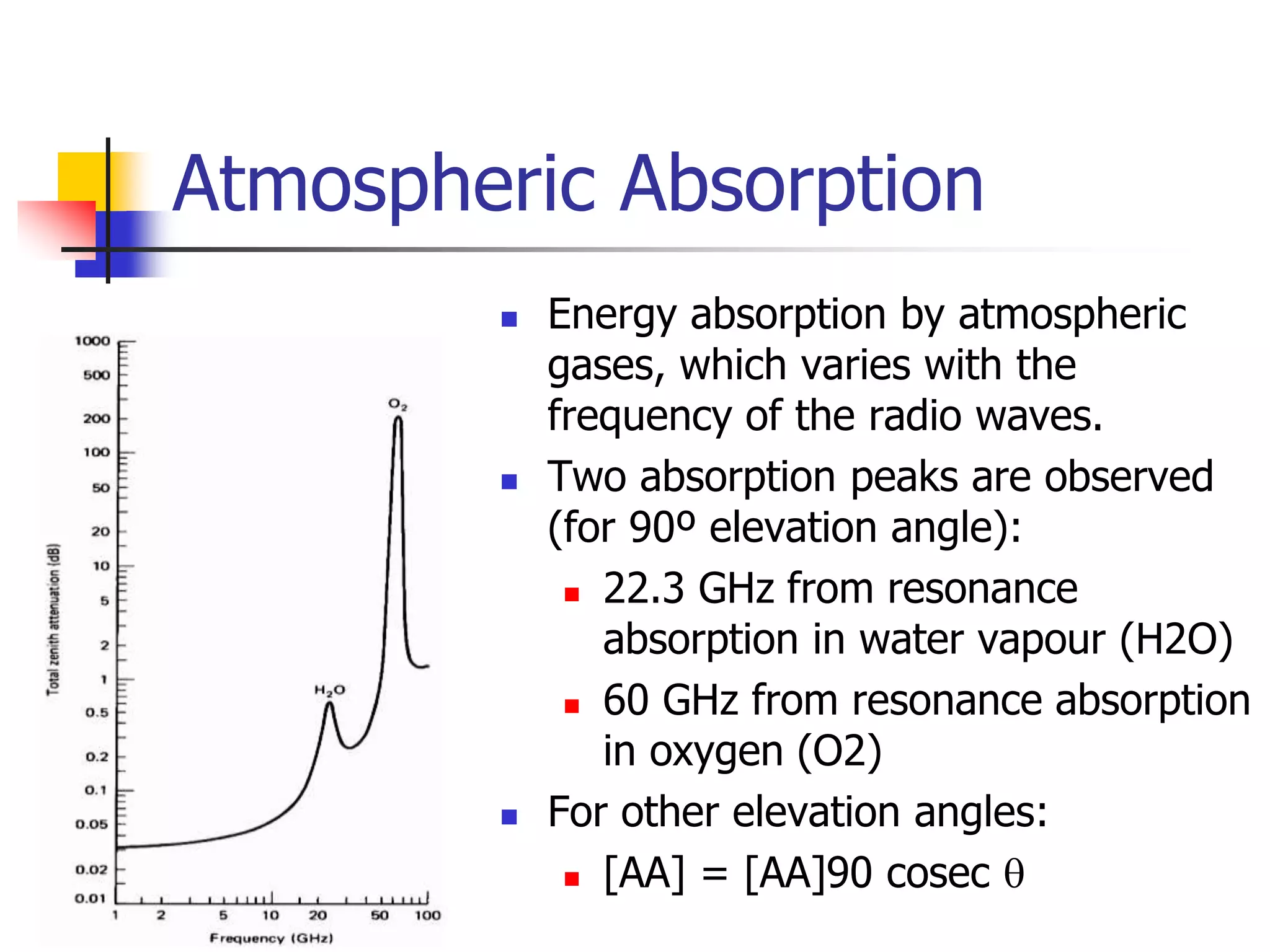 Atmospheric Absorption
 Energy absorption by atmospheric
gases, which varies with the
frequency of the radio waves.
 Two absorption peaks are observed
(for 90º elevation angle):
 22.3 GHz from resonance
absorption in water vapour (H2O)
 60 GHz from resonance absorption
in oxygen (O2)
 For other elevation angles:
 [AA] = [AA]90 cosec 
 