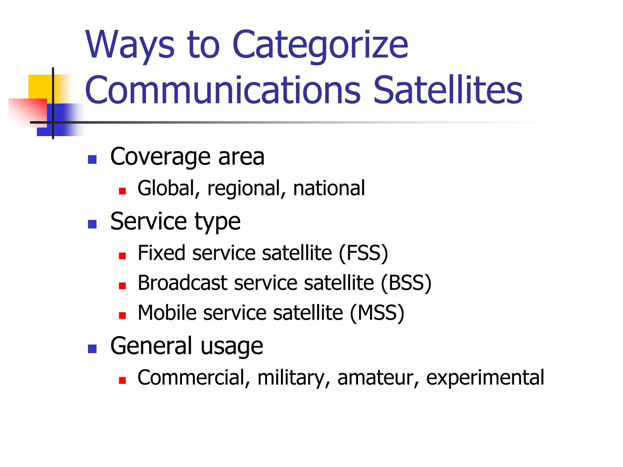 Ways to Categorize
Communications Satellites
 Coverage area
 Global, regional, national
 Service type
 Fixed service satellite (FSS)
 Broadcast service satellite (BSS)
 Mobile service satellite (MSS)
 General usage
 Commercial, military, amateur, experimental
 
