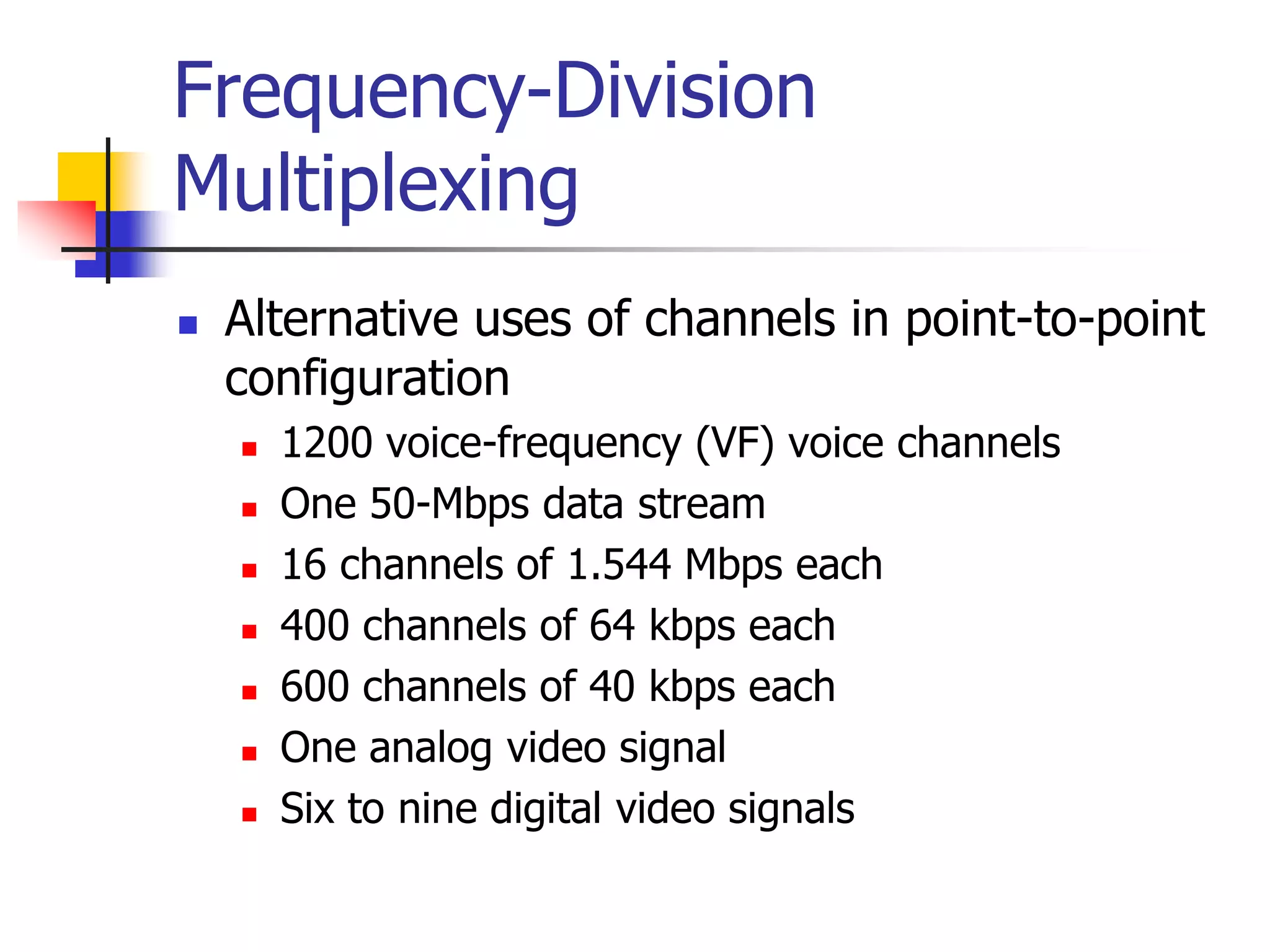 Frequency-Division
Multiplexing
 Alternative uses of channels in point-to-point
configuration
 1200 voice-frequency (VF) voice channels
 One 50-Mbps data stream
 16 channels of 1.544 Mbps each
 400 channels of 64 kbps each
 600 channels of 40 kbps each
 One analog video signal
 Six to nine digital video signals
 
