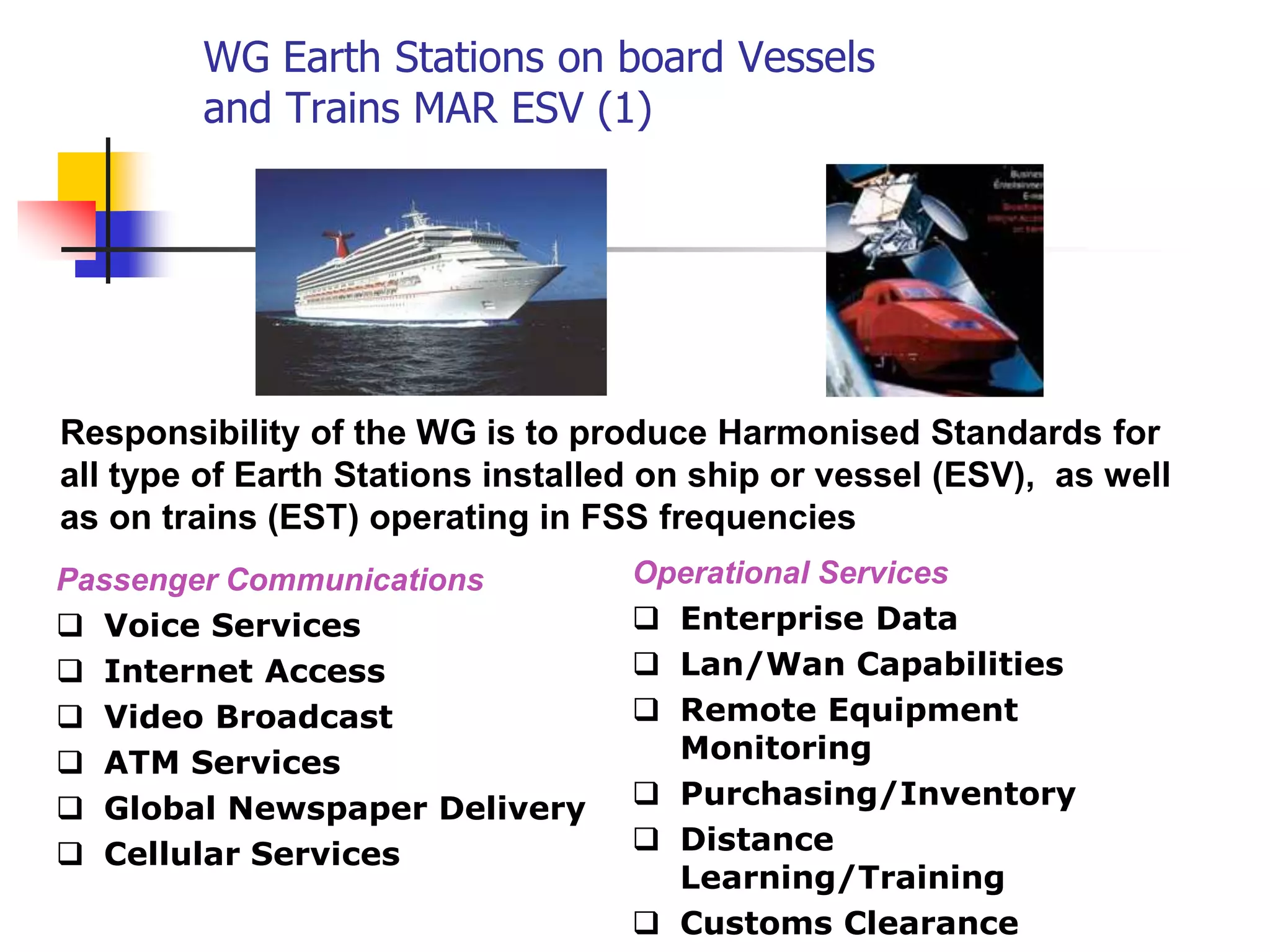 WG Earth Stations on board Vessels
and Trains MAR ESV (1)
Passenger Communications
 Voice Services
 Internet Access
 Video Broadcast
 ATM Services
 Global Newspaper Delivery
 Cellular Services
Operational Services
 Enterprise Data
 Lan/Wan Capabilities
 Remote Equipment
Monitoring
 Purchasing/Inventory
 Distance
Learning/Training
 Customs Clearance
Responsibility of the WG is to produce Harmonised Standards for
all type of Earth Stations installed on ship or vessel (ESV), as well
as on trains (EST) operating in FSS frequencies
 