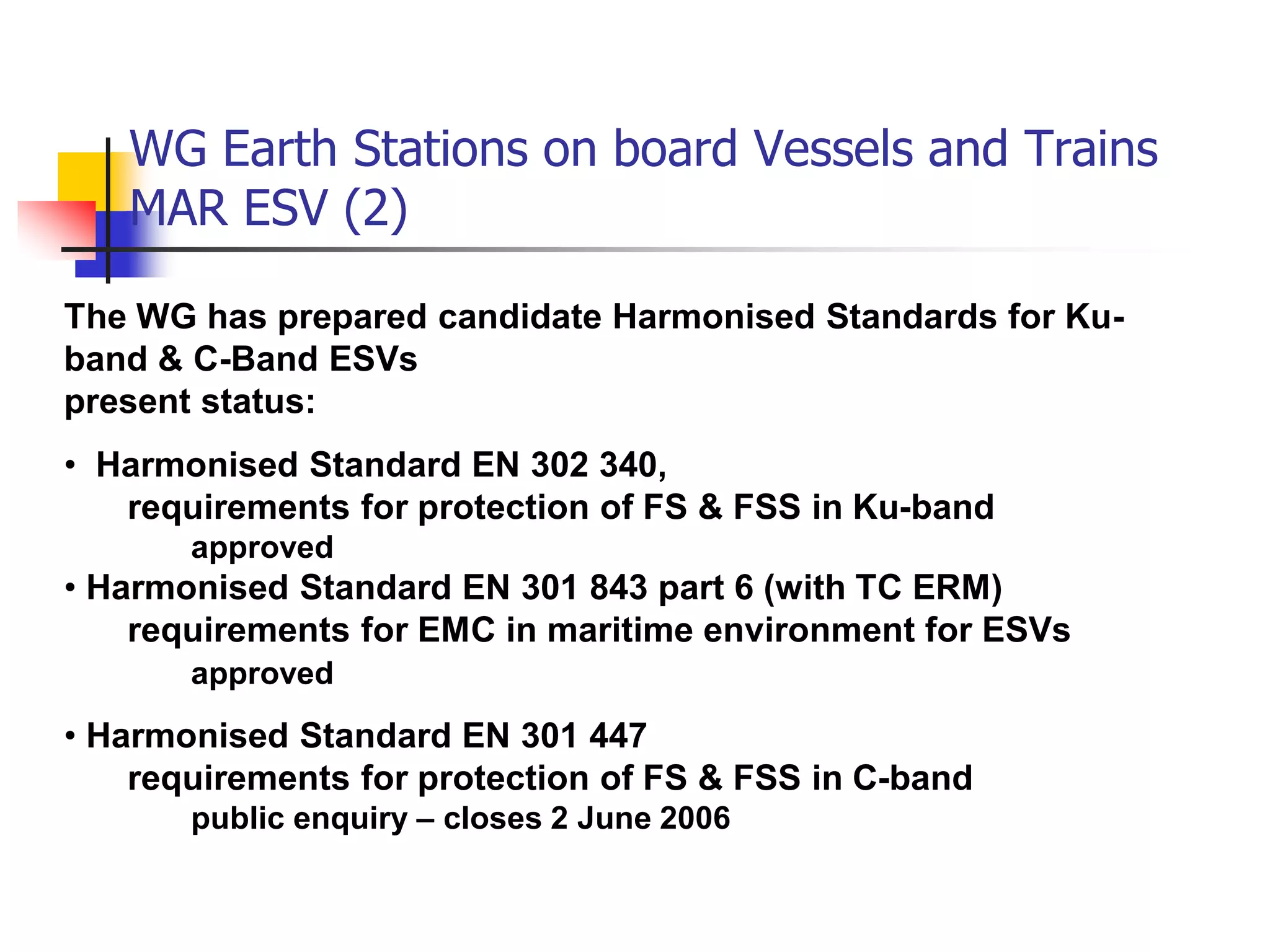 WG Earth Stations on board Vessels and Trains
MAR ESV (2)
The WG has prepared candidate Harmonised Standards for Ku-
band & C-Band ESVs
present status:
• Harmonised Standard EN 302 340,
requirements for protection of FS & FSS in Ku-band
approved
• Harmonised Standard EN 301 843 part 6 (with TC ERM)
requirements for EMC in maritime environment for ESVs
approved
• Harmonised Standard EN 301 447
requirements for protection of FS & FSS in C-band
public enquiry – closes 2 June 2006
 