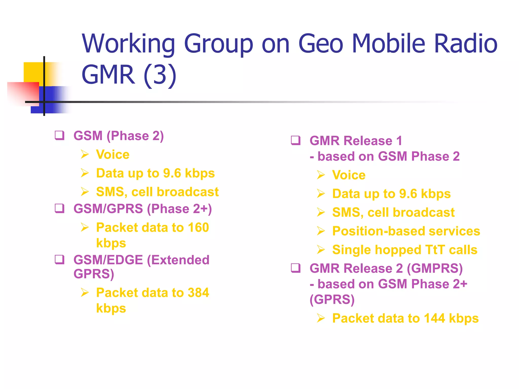 Working Group on Geo Mobile Radio
GMR (3)
 GSM (Phase 2)
 Voice
 Data up to 9.6 kbps
 SMS, cell broadcast
 GSM/GPRS (Phase 2+)
 Packet data to 160
kbps
 GSM/EDGE (Extended
GPRS)
 Packet data to 384
kbps
 GMR Release 1
- based on GSM Phase 2
 Voice
 Data up to 9.6 kbps
 SMS, cell broadcast
 Position-based services
 Single hopped TtT calls
 GMR Release 2 (GMPRS)
- based on GSM Phase 2+
(GPRS)
 Packet data to 144 kbps
 
