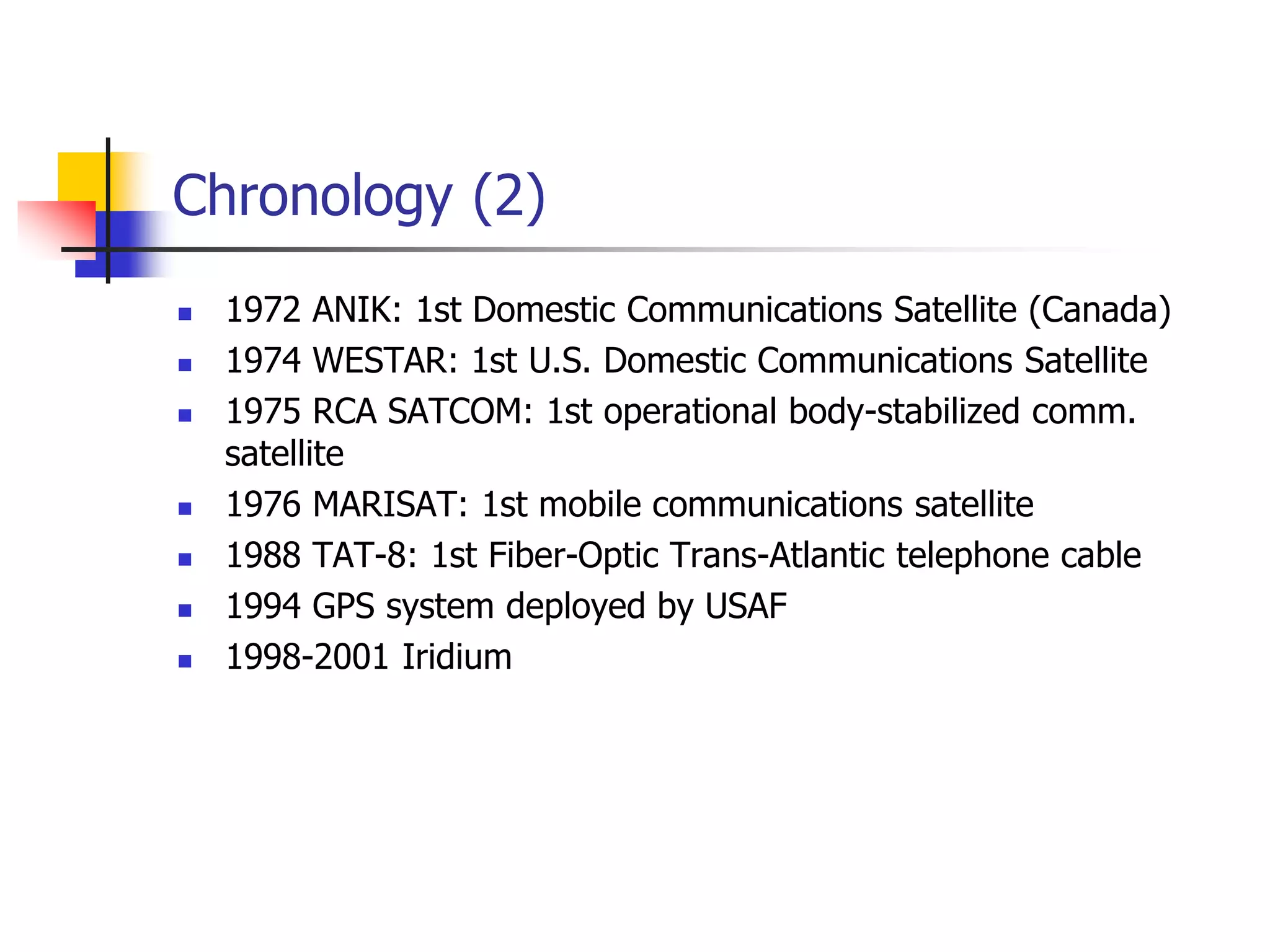 Chronology (2)
 1972 ANIK: 1st Domestic Communications Satellite (Canada)
 1974 WESTAR: 1st U.S. Domestic Communications Satellite
 1975 RCA SATCOM: 1st operational body-stabilized comm.
satellite
 1976 MARISAT: 1st mobile communications satellite
 1988 TAT-8: 1st Fiber-Optic Trans-Atlantic telephone cable
 1994 GPS system deployed by USAF
 1998-2001 Iridium
 