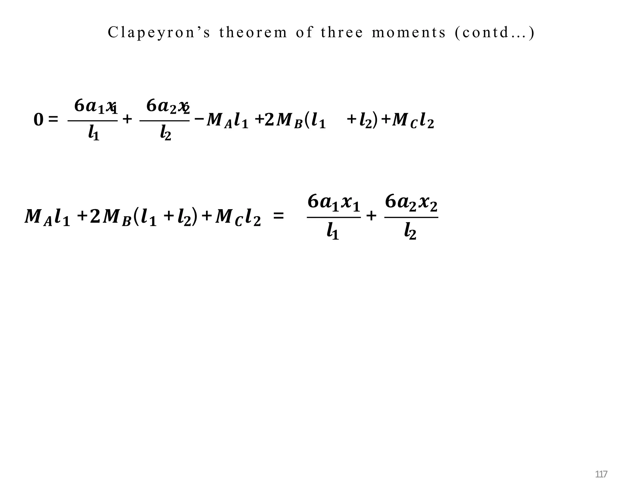 Clap eyro n ’s theo re m o f three mo me nt s (co ntd …)
𝟎 =
𝟔𝒂𝟏𝒙
𝟏
𝒍𝟏
+
𝟔𝒂𝟐𝒙
𝟐
𝒍𝟐
−𝑴𝑨𝒍𝟏 +𝟐𝑴𝑩(𝒍𝟏 +𝒍𝟐) +𝑴𝑪𝒍𝟐
𝑴𝑨𝒍𝟏 +𝟐𝑴𝑩(𝒍𝟏 +𝒍𝟐) +𝑴𝑪𝒍𝟐 =
𝟔𝒂 𝒙
𝟏 𝟏
𝒍𝟏
+
𝟔𝒂 𝒙
𝟐 𝟐
𝒍𝟐
117
 