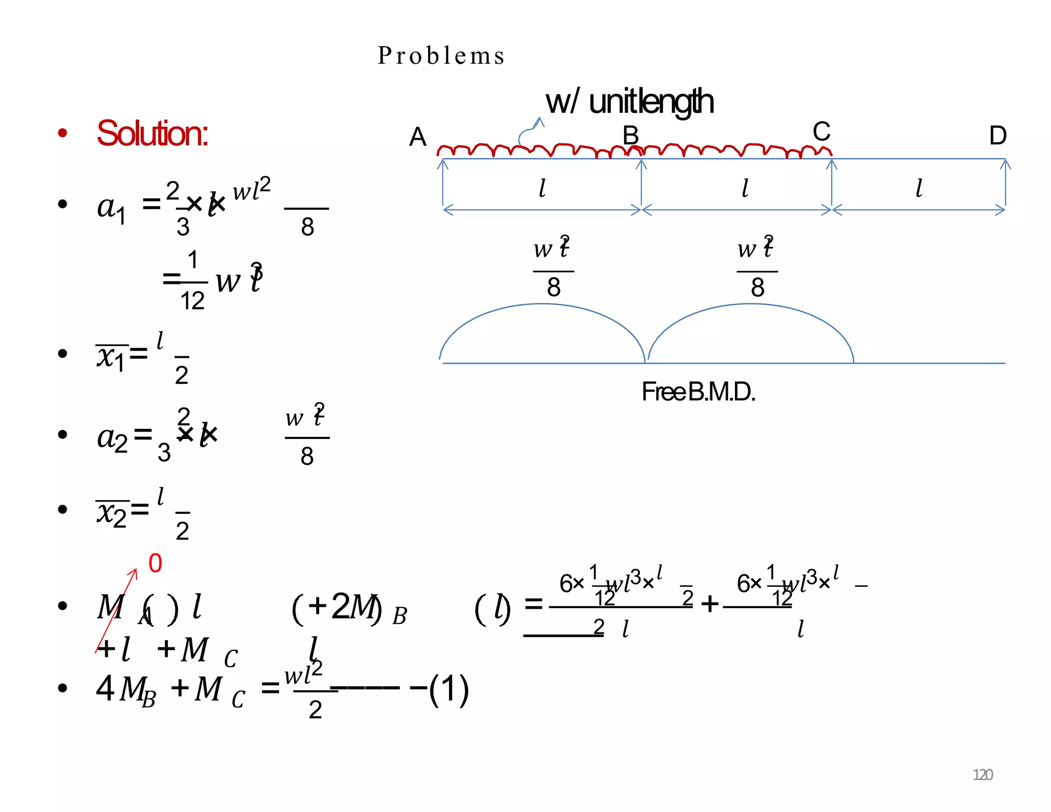 P roblems
1
• Solution:
• 𝑎 =2
×𝑙
×𝑤𝑙2
3 8
1
12
= 𝑤 𝑙
3
• 𝑥1= 𝑙
2
2
• 𝑎2 =3
×𝑙
×
𝑤 𝑙
2
8
• 𝑥2= 𝑙
2
𝑙
6×
1
𝑤𝑙3×
𝑙
6×
1
𝑤𝑙3×
𝑙
= 12 2
+ 12
2 𝑙
𝐵 𝐶 2
• 4𝑀 +𝑀 =𝑤𝑙2
−−−− −(1)
𝑙
A
w/ unitlength
B C D
𝑙
𝑤 𝑙
2
8
𝑙
𝑤 𝑙
2
8
FreeB.M.D.
0
• 𝑀 𝐴 𝑙 +2𝑀 𝐵 𝑙
+𝑙 +𝑀 𝐶 𝑙
120
 