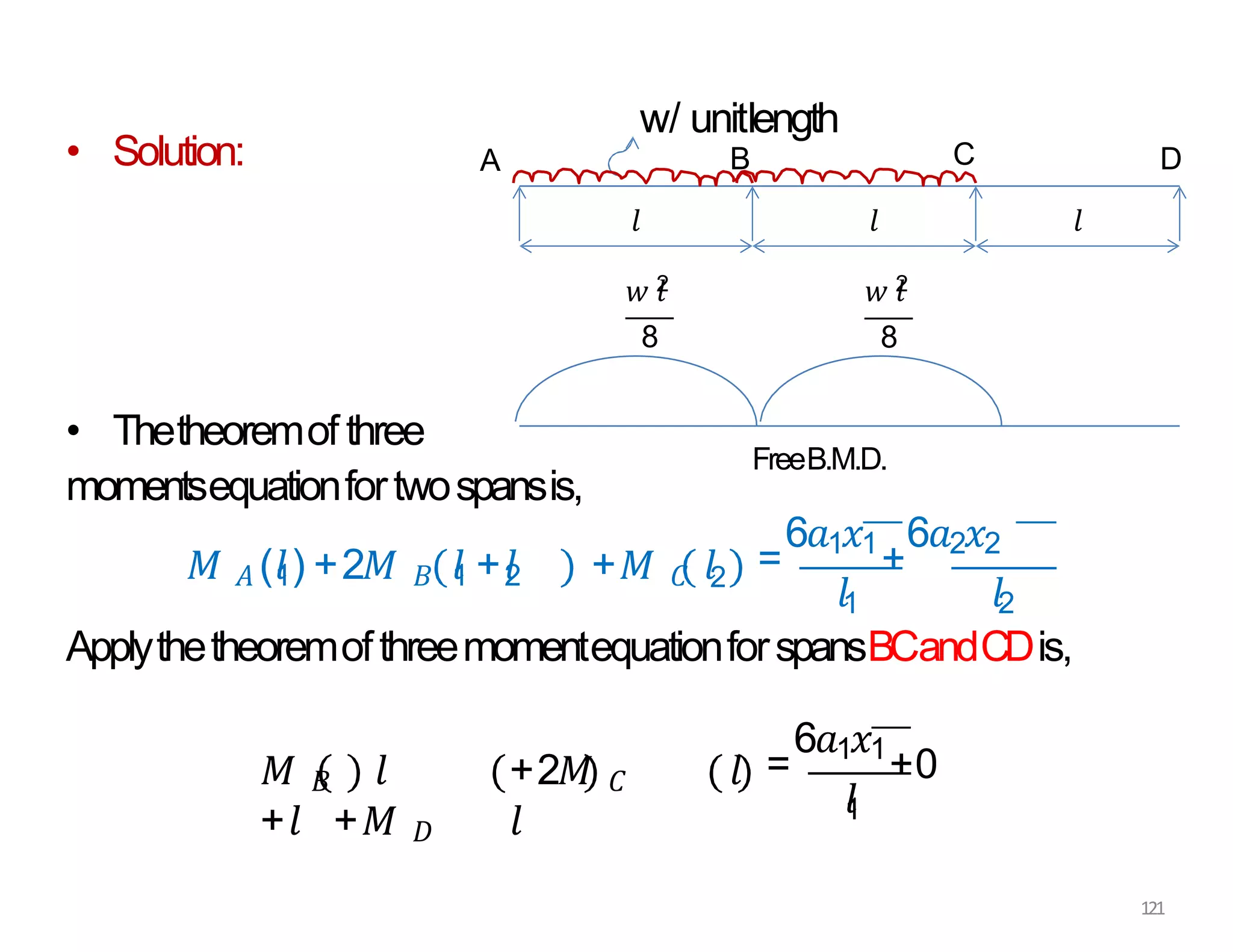 • Solution:
• Thetheoremof three
momentsequationfortwospansis,
𝑀 𝐴 (𝑙
1) +2𝑀 𝐵 𝑙
1 +𝑙
2 +𝑀 𝐶 𝑙2 =
6𝑎1𝑥1
+
6𝑎2𝑥2
𝑙1 𝑙2
ApplythetheoremofthreemomentequationforspansBCandCDis,
𝑀 𝐵 𝑙 +2𝑀 𝐶 𝑙
+𝑙 +𝑀 𝐷 𝑙
𝑙
1
=
6𝑎1𝑥1
+0
𝑙
A
w/ unitlength
B C D
𝑙
𝑤 𝑙
2
8
𝑙
𝑤 𝑙
2
8
FreeB.M.D.
121
 