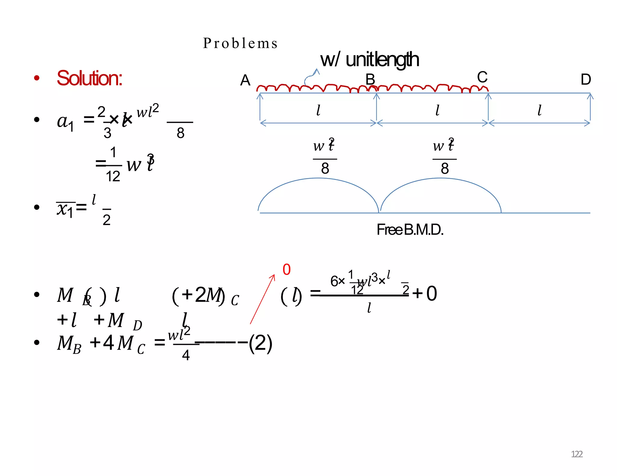 P roblems
1
• Solution:
• 𝑎 =2
×𝑙
×𝑤𝑙2
3 8
1
12
= 𝑤 𝑙
3
• 𝑥1= 𝑙
2
6×
1
𝑤𝑙3×
𝑙
𝑙
= 12 2
+0
𝐵 𝐶 4
• 𝑀 +4𝑀 =𝑤𝑙2
−−−−−(2)
𝑙
A
w/ unitlength
B C D
𝑙
𝑤 𝑙
2
8
𝑙
𝑤 𝑙
2
8
FreeB.M.D.
0
• 𝑀 𝐵 𝑙 +2𝑀 𝐶 𝑙
+𝑙 +𝑀 𝐷 𝑙
122
 