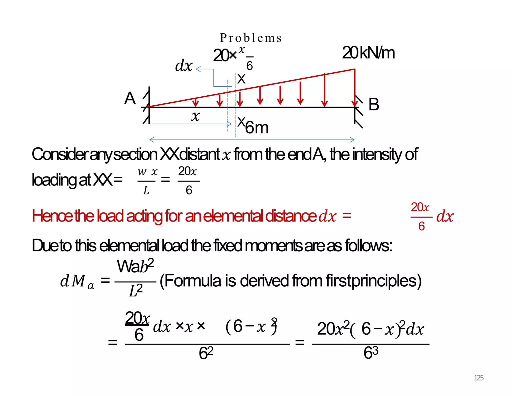 P roblems
ConsideranysectionXXdistant𝑥fromtheendA,theintensityof
loadingatXX= =
𝑤 𝑥 20𝑥
𝐿 6
Hencetheloadactingforanelementaldistance𝑑𝑥 =
20𝑥
6
𝑑𝑥
Duetothiselementalloadthefixedmomentsareasfollows:
𝑑𝑀𝑎 =
Wa𝑏2
𝐿2 (Formula is derivedfromfirstprinciples)
= 6
20𝑥𝑑𝑥 ×𝑥× 6−𝑥 2
62
=
20𝑥2 6−𝑥 2𝑑𝑥
63
A B
20kN/m
20×𝑥
6
𝑥 X
6m
X
𝑑𝑥
125
 