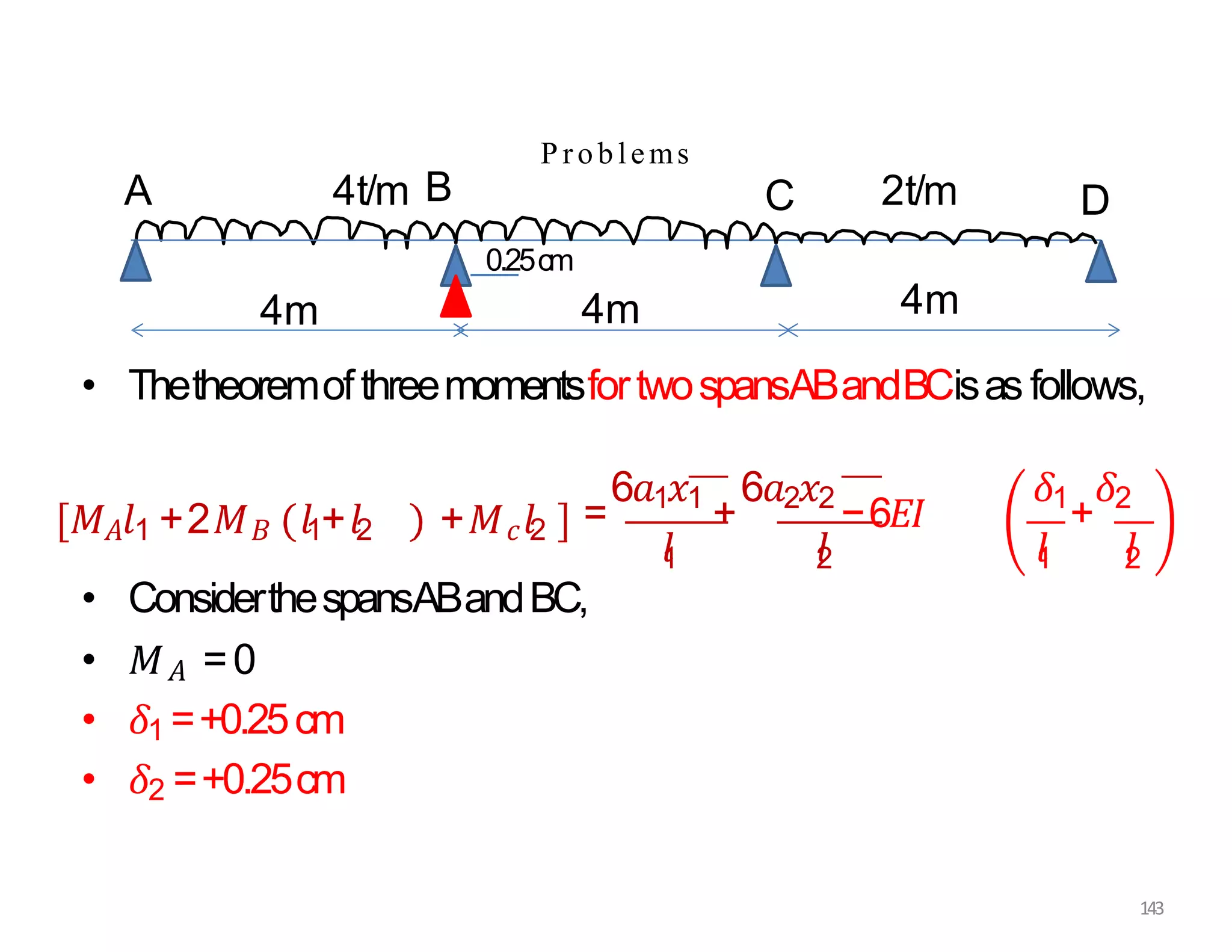 • ThetheoremofthreemomentsfortwospansABandBCisas follows,
• ConsiderthespansABandBC,
• 𝑀𝐴 =0
• 𝛿1 =+0.25cm
• 𝛿2 =+0.25cm
P roblems
𝑀𝐴𝑙1 +2𝑀𝐵 𝑙1+𝑙2 +𝑀𝑐𝑙2 =
6𝑎1𝑥1
+
6𝑎2𝑥2
−6𝐸𝐼
𝛿1
+
𝛿2
𝑙
1 𝑙
2 𝑙
1 𝑙
2
2t/m
4m 4m
A 4t/m B C D
0.25cm
4m
143
 