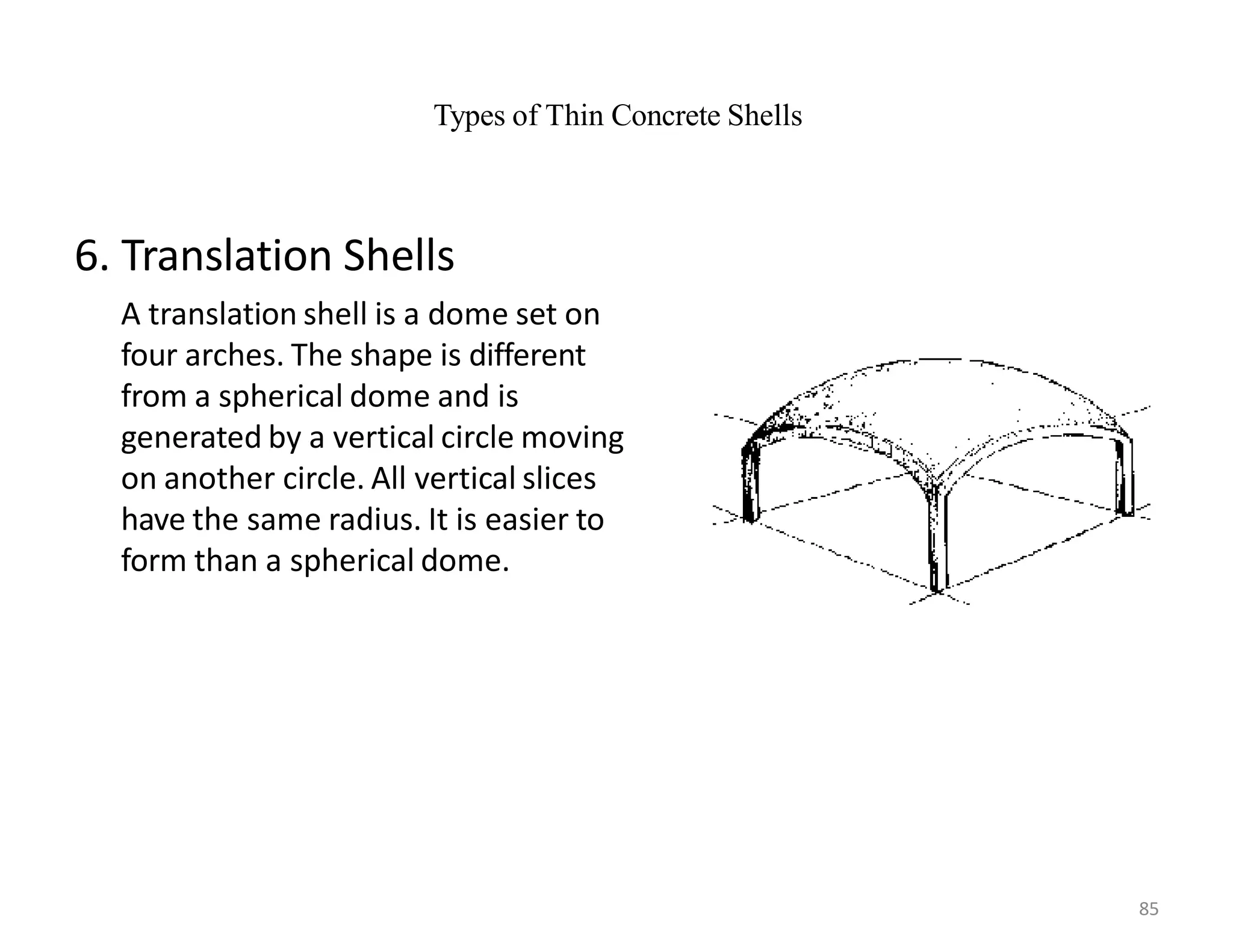 Types of Thin Concrete Shells
6. Translation Shells
A translation shell is a dome set on
four arches. The shape is different
from a spherical dome and is
generated by a vertical circle moving
on another circle. All vertical slices
have the same radius. It is easier to
form than a spherical dome.
85
 