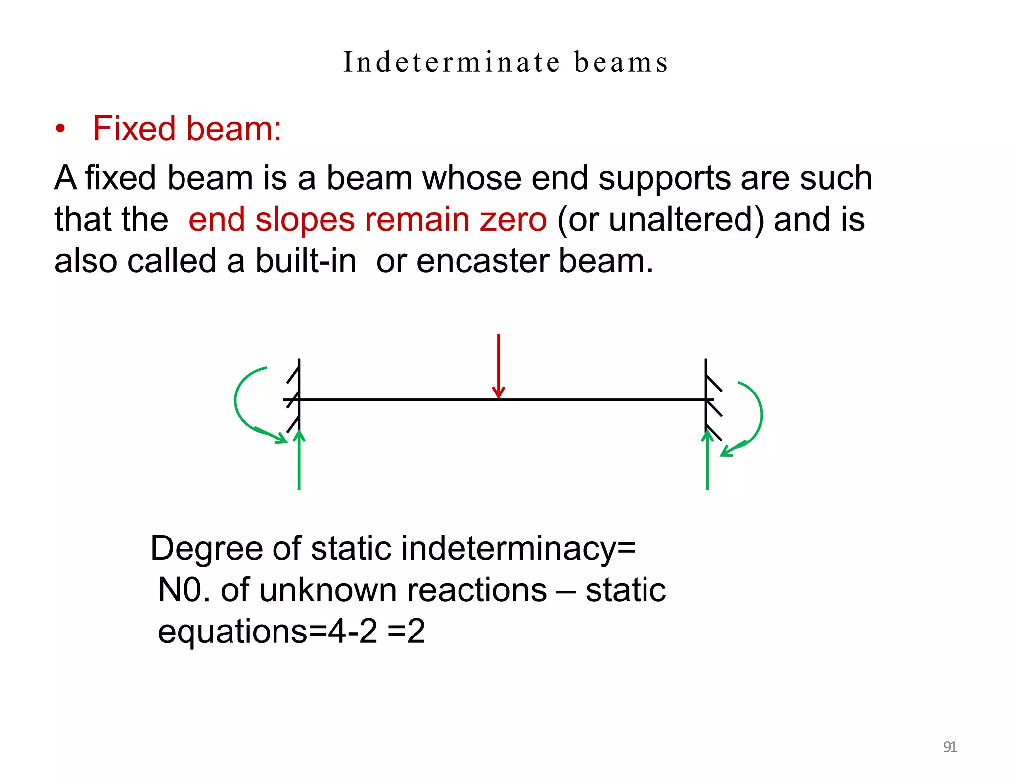 • Fixed beam:
A fixed beam is a beam whose end supports are such
that the end slopes remain zero (or unaltered) and is
also called a built-in or encaster beam.
Indeterminate beams
Degree of static indeterminacy=
N0. of unknown reactions – static
equations=4-2 =2
91
 