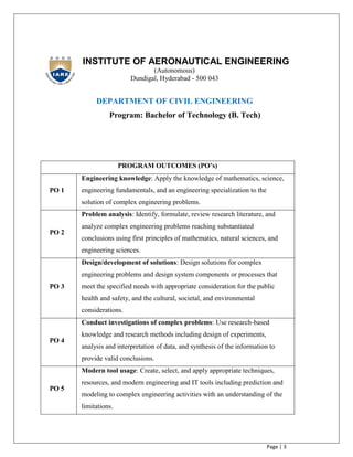 Page | 3
INSTITUTE OF AERONAUTICAL ENGINEERING
(Autonomous)
Dundigal, Hyderabad - 500 043
DEPARTMENT OF CIVIL ENGINEERING
Program: Bachelor of Technology (B. Tech)
PROGRAM OUTCOMES (PO’s)
PO 1
Engineering knowledge: Apply the knowledge of mathematics, science,
engineering fundamentals, and an engineering specialization to the
solution of complex engineering problems.
PO 2
Problem analysis: Identify, formulate, review research literature, and
analyze complex engineering problems reaching substantiated
conclusions using first principles of mathematics, natural sciences, and
engineering sciences.
PO 3
Design/development of solutions: Design solutions for complex
engineering problems and design system components or processes that
meet the specified needs with appropriate consideration for the public
health and safety, and the cultural, societal, and environmental
considerations.
PO 4
Conduct investigations of complex problems: Use research-based
knowledge and research methods including design of experiments,
analysis and interpretation of data, and synthesis of the information to
provide valid conclusions.
PO 5
Modern tool usage: Create, select, and apply appropriate techniques,
resources, and modern engineering and IT tools including prediction and
modeling to complex engineering activities with an understanding of the
limitations.
 