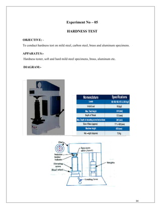 34
Experiment No – 05
HARDNESS TEST
OBJECTIVE: -
To conduct hardness test on mild steel, carbon steel, brass and aluminum specimens.
APPARATUS:-
Hardness tester, soft and hard mild steel specimens, brass, aluminum etc.
DIAGRAM:-
 