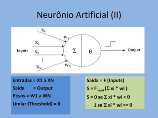 Neurônio Artificial (II) Entradas = X1 a XN Saída   = Output Pesos = W1 a WN Limiar (Threshold) =   Saida = F (Inputs) S = F transf  (   xi * wi ) S = 0 se    xi * wi <   1 se    xi * wi >=   