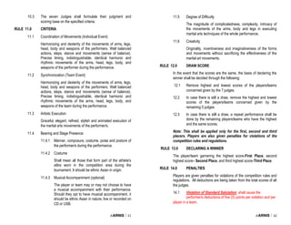 i-ARNIS / 41
10.3 The seven Judges shall formulate their judgment and
scoring base on the specified criteria.
RULE 11.0 CRITERIA
11.1 Coordination of Movements (Individual Event)
Harmonizing and dexterity of the movements of arms, legs,
head, body and weapons of the performers. Well balanced
actions, steps, stance and movements (sense of balance).
Precise timing, indistinguishable, identical harmonic and
rhythmic movements of the arms, head, legs, body, and
weapons of the performer during the performance.
11.2 Synchronization (Team Event)
Harmonizing and dexterity of the movements of arms, legs,
head, body and weapons of the performers. Well balanced
actions, steps, stance and movements (sense of balance).
Precise timing, indistinguishable, identical harmonic and
rhythmic movements of the arms, head, legs, body, and
weapons of the team during the performance.
11.3 Artistic Execution
Graceful, elegant, refined, stylish and animated execution of
the martial arts movements of the performer/s.
11.4 Bearing and Stage Presence
11.4.1 Manner, composure, costume, poise and posture of
the performer/s during the performance.
11.4.2 Costume
Shall mean all those that form part of the athlete's
attire worn in the competition area during the
tournament. It should be ethnic Asian in origin.
11.4.3 Musical Accompaniment (optional)
The player or team may or may not choose to have
a musical accompaniment with their performance.
Should they opt to have musical accompaniment, it
should be ethnic Asian in nature, live or recorded on
CD or USB.
i-ARNIS / 42
11.5 Degree of Difficulty
The magnitude of complicatedness, complexity, intricacy of
the movements of the arms, body and legs in executing
martial arts techniques of the whole performance.
11.6 Creativity
Originality, inventiveness and imaginativeness of the forms
and movements without sacrificing the effectiveness of the
martial art movements.
RULE 12.0 DRAW SCORE
In the event that the scores are the same, the basis of declaring the
winner shall be decided through the following:
12.1 Remove highest and lowest scores of the players/teams
concerned given by the 7 judges.
12.2 In case there is still a draw, remove the highest and lowest
scores of the players/teams concerned given by the
remaining 5 judges.
12.3 In case there is still a draw, a repeat performance shall be
done by the remaining players/teams who have the highest
and the same scores.
Note: This shall be applied only for the first, second and third
placers. Players are also given penalties for violations of the
competition rules and regulations.
RULE 13.0 DECLARING A WINNER
The player/team garnering the highest score-First Place, second
highest score– Second Place, and third highest score-Third Place.
RULE 14.0 PENALTIES
Players are given penalties for violations of the competition rules and
regulations. All deductions are being taken from the total scores of all
the judges.
14.1 Violation of Standard Salutation shall cause the
performer/s deductions of five (5) points per violation and per
player in a team.
 