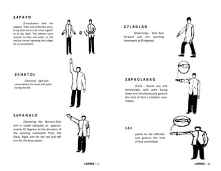 i-ARNIS / 47
2.4 P A Y O
(Consultation with the
judges)- from out-stretched arms,
bring both arms a bit close togeth-
er at hip level. The referee turns
around to face and point to the
neutral corner signaling the judges
for a consultation.
2.5 H A T O L
(Decision) - right arm
raised above the head with palm
facing the left.
2.6 P A N A L O
(Declaring the Winner)-One
arm is raised obliquely at approxi-
mately 45 degrees to the direction of
the winning contestant from the
chest. Right arm for the red and left
arm for the blue player.
i-ARNIS / 48
2.7 L A G L A G
(Disarming) - One foot
forward and arm pointing
downward at30 degrees.
2.8 P A G L A B A G
(Foul) - Raises one arm
horizontally, with palm facing
down and simultaneously gesture
the kind of foul / violation com-
mitted.
2.8.1
points to the offender
and gesture the kind
of foul committed.
 