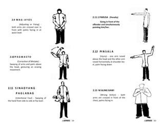 i-ARNIS / 49
2.9 M A G - A Y O S
(Adjusting or Fixing) -
both arms are crossed over in
front with palms facing in at
waist level.
2.10 P A G W A S T O
(Correction of Mistake) -
Swaying of arms and palm above
the head, gesturing an erasing
movement.
2.11 S I N A D Y A N G
P A G L A B A G
(Intentional Foul) - Swaying of
the hand from side to side at hip level.
i-ARNIS / 50
2.12 PI N S A L A
(Injury) - one arm raised
above the head and the other arm
raised horizontally at shoulder lev-
el, palm facing down.
2.11.1 PARUSA (Penalty)
Going in front of the
offender and simultaneously
pointing him/her.
2.13 M ALING GAWI
(Wrong Action) - both
arms are crossed in front of the
chest, palms facing in.
 