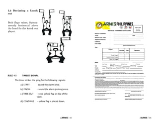 i-ARNIS / 57
RULE 4.0 TIMER’S SIGNAL
The timer strikes the gong for the following signals:
a.) START - sound the alarm once.
b.) FINISH - sound the alarm prolong once.
c.) TIME-OUT - raise yellow flag on top of the
table.
d.) CONTINUE - yellow flag is placed down.
3.4 Declaring a knock
out
Both flags raises, Sponta-
neously horizontal above
the head for the knock out
player.
i-ARNIS / 58
 