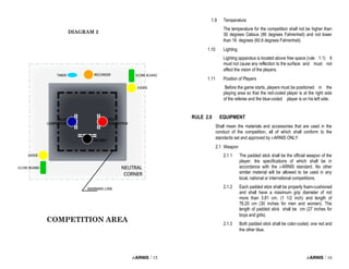 i-ARNIS / 15
COMPETITION AREA
DIAGRAM 2
i-ARNIS / 16
1.9 Temperature
The temperature for the competition shall not be higher than
30 degrees Celsius (86 degrees Fahrenheit) and not lower
than 16 degrees (60.8 degrees Fahrenheit).
1.10 Lighting
Lighting apparatus is located above free space (rule 1.1) It
must not cause any reflection to the surface and must not
affect the vision of the players.
1.11 Position of Players
Before the game starts, players must be positioned in the
playing area so that the red-coded player is at the right side
of the referee and the blue-coded player is on his left side.
RULE 2.0 EQUIPMENT
Shall mean the materials and accessories that are used in the
conduct of the competition, all of which shall conform to the
standards set and approved by i-ARNIS ONLY.
2.1 Weapon
2.1.1 The padded stick shall be the official weapon of the
player. the specifications of which shall be in
accordance with the i-ARNIS standard. No other
similar material will be allowed to be used in any
local, national or international competitions.
2.1.2 Each padded stick shall be properly foam-cushioned
and shall have a maximum grip diameter of not
more than 3.81 cm. (1 1/2 inch) and length of
76.20 cm (30 inches for men and women). The
length of padded stick shall be cm (27 inches for
boys and girls).
2.1.3 Both padded stick shall be color-coded, one red and
the other blue.
 