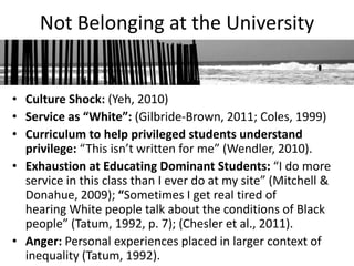 Not Belonging at the University


• Culture Shock: (Yeh, 2010)
• Service as “White”: (Gilbride-Brown, 2011; Coles, 1999)
• Curriculum to help privileged students understand
  privilege: “This isn’t written for me” (Wendler, 2010).
• Exhaustion at Educating Dominant Students: “I do more
  service in this class than I ever do at my site” (Mitchell &
  Donahue, 2009); “Sometimes I get real tired of
  hearing White people talk about the conditions of Black
  people” (Tatum, 1992, p. 7); (Chesler et al., 2011).
• Anger: Personal experiences placed in larger context of
  inequality (Tatum, 1992).
 