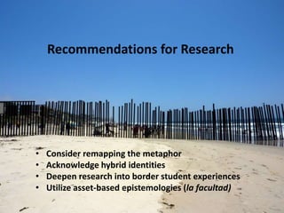 Recommendations for Research




•   Consider remapping the metaphor
•   Acknowledge hybrid identities
•   Deepen research into border student experiences
•   Utilize asset-based epistemologies (la facultad)
 