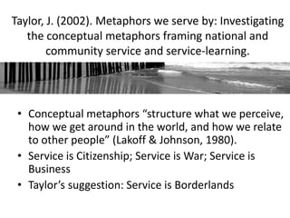 Taylor, J. (2002). Metaphors we serve by: Investigating
   the conceptual metaphors framing national and
        community service and service-learning.




 • Conceptual metaphors “structure what we perceive,
   how we get around in the world, and how we relate
   to other people” (Lakoff & Johnson, 1980).
 • Service is Citizenship; Service is War; Service is
   Business
 • Taylor’s suggestion: Service is Borderlands
 