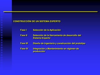 CONSTRUCCIÓN DE UN SISTEMA EXPERTO


     Fase I     Selección de la Aplicación

     Fase II    Selección de la Herramienta de desarrollo del
                Sistema Experto

     Fase III   Diseño de ingeniería y construcción del prototipo

     Fase IV    Integración y Mantenimiento en régimen de
                producción
 