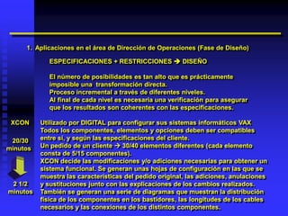 1. Aplicaciones en el área de Dirección de Operaciones (Fase de Diseño)

             ESPECIFICACIONES + RESTRICCIONES  DISEÑO

             El número de posibilidades es tan alto que es prácticamente
             imposible una transformación directa.
             Proceso incremental a través de diferentes niveles.
             Al final de cada nivel es necesaria una verificación para asegurar
             que los resultados son coherentes con las especificaciones.

 XCON     Utilizado por DIGITAL para configurar sus sistemas informáticos VAX
          Todos los componentes, elementos y opciones deben ser compatibles
 20/30    entre sí, y según las especificaciones del cliente.
minutos   Un pedido de un cliente  30/40 elementos diferentes (cada elemento
          consta de 5/15 componentes).
          XCON decide las modificaciones y/o adiciones necesarias para obtener un
          sistema funcional. Se generan unas hojas de configuración en las que se
          muestra las características del pedido original, las adiciones, anulaciones
 2 1/2    y sustituciones junto con las explicaciones de los cambios realizados.
minutos   También se generan una serie de diagramas que muestran la distribución
          física de los componentes en los bastidores, las longitudes de los cables
          necesarios y las conexiones de los distintos componentes.
 