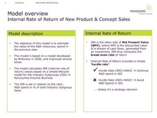 7       22/08/2012      NOVOZYMES PRESENTATION




    Model overview
    Internal Rate of Return of New Product & Concept Sales


    Model description                                Internal Rate of Return

    ?   The objective of this model is to estimate   ?   IRR is the other side of Net Present Value
        the value of the R&D resources, spend in         (NPV), where NPV is the discounted value
        the previous year.                               of a stream of cash flows, generated from
                                                         an investment, IRR thus computes the
    ?   This model is based on a model developed         break-even rate of return
        by McKinsey in 2006, and improved several
        times.                                       ?   Internal Rate of Return provides a simple
                                                         hurdle rate:
    ?   The model calculates IRR (internal rate of
        return) values based on a simple lifecycle        ? Hurdle Ratein ISG
                                                          ?
                                                            R&D spend
                                                                        (IRR)>WACC ? Continue
        model for the Industry Subgroups (ISG) in
        Novozymes Enzyme Business

    ?   The IRR is set in relation to the ratio:
                                                          ??   Hurdle Rate (IRR)<WACC ? Avoid
                                                               R&D Spend in ISG
        R&D spend in % of total Industry Subgroup
        Sales                                              ... Unless its a strategic decision
 