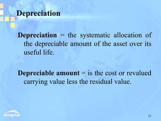 21
Depreciation
Depreciation = the systematic allocation of
the depreciable amount of the asset over its
useful life.
Depr...
