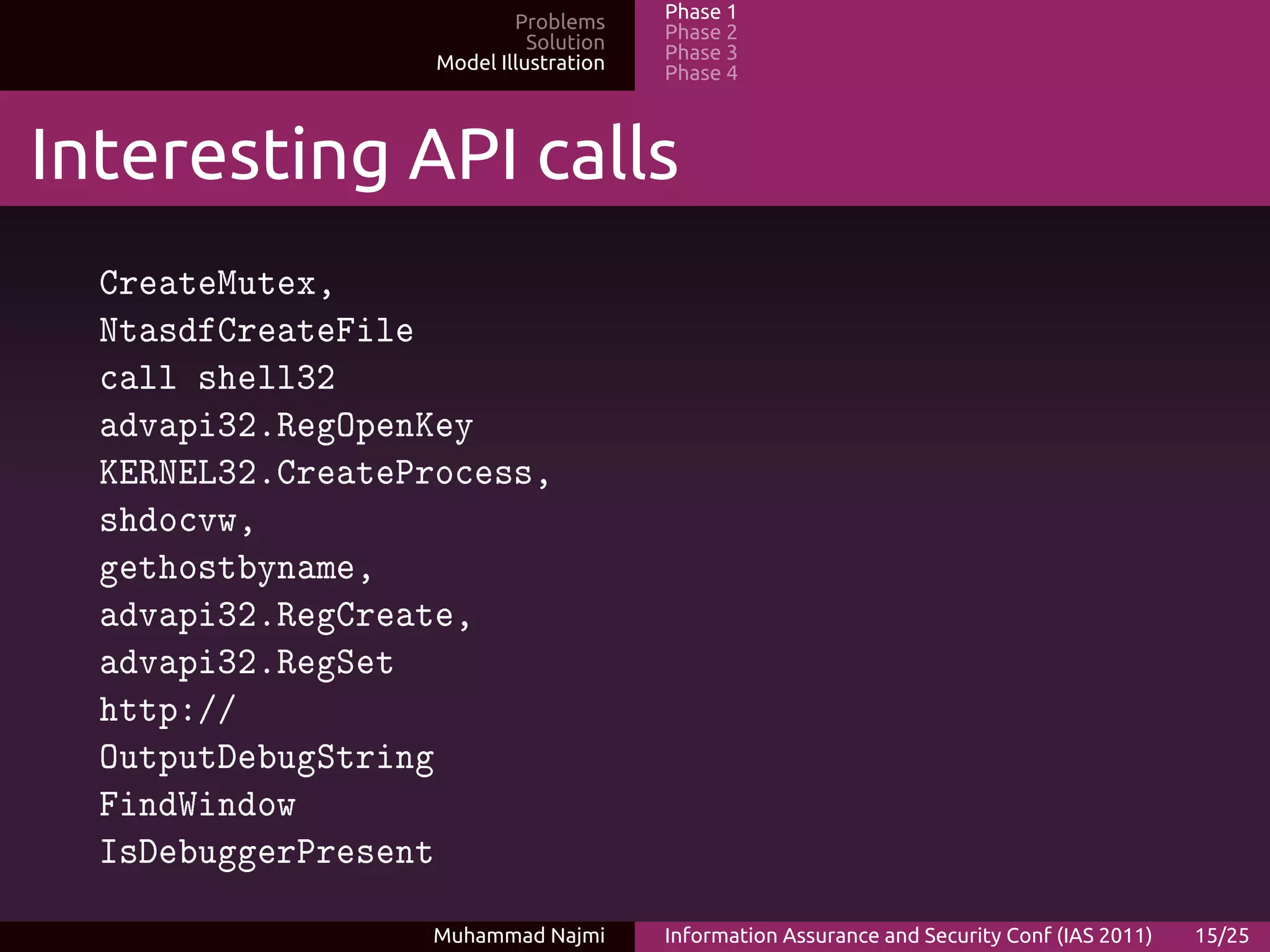 Problems     Phase 1
                             Solution   Phase 2
                   Model Illustration   Phase 3
                                        Phase 4



Interesting API calls
  CreateMutex,
  NtasdfCreateFile
  call shell32
  advapi32.RegOpenKey
  KERNEL32.CreateProcess,
  shdocvw,
  gethostbyname,
  advapi32.RegCreate,
  advapi32.RegSet
  http://
  OutputDebugString
  FindWindow
  IsDebuggerPresent

                  Muhammad Najmi        Information Assurance and Security Conf (IAS 2011)   15/25
 