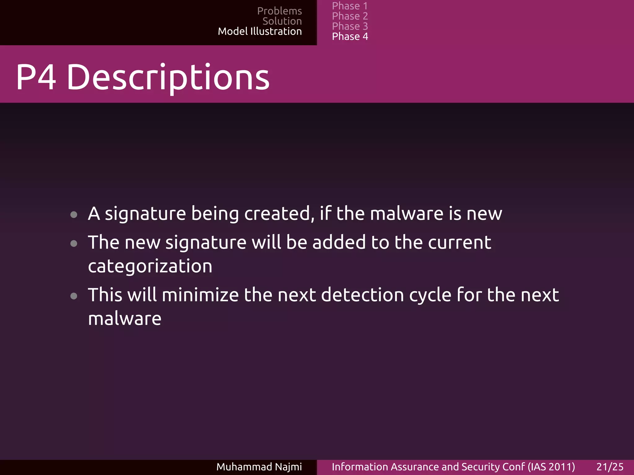 Problems     Phase 1
                                Solution   Phase 2
                      Model Illustration   Phase 3
                                           Phase 4



P4 Descriptions


   • A signature being created, if the malware is new
   • The new signature will be added to the current
     categorization
   • This will minimize the next detection cycle for the next
     malware




                      Muhammad Najmi       Information Assurance and Security Conf (IAS 2011)   21/25
 