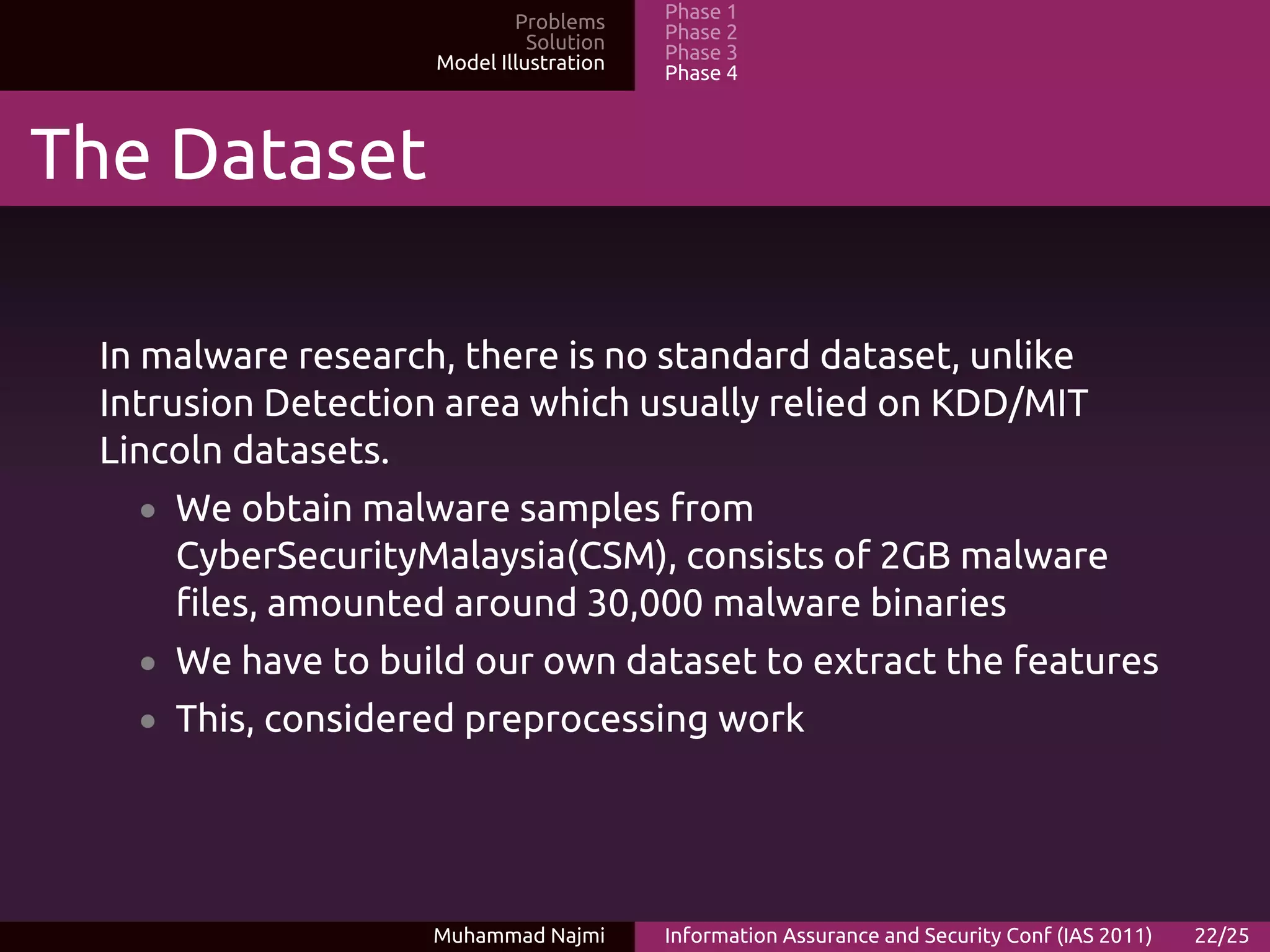 Problems     Phase 1
                              Solution   Phase 2
                    Model Illustration   Phase 3
                                         Phase 4



The Dataset

 In malware research, there is no standard dataset, unlike
 Intrusion Detection area which usually relied on KDD/MIT
 Lincoln datasets.
   • We obtain malware samples from
     CyberSecurityMalaysia(CSM), consists of 2GB malware
     files, amounted around 30,000 malware binaries
   • We have to build our own dataset to extract the features
   • This, considered preprocessing work




                    Muhammad Najmi       Information Assurance and Security Conf (IAS 2011)   22/25
 